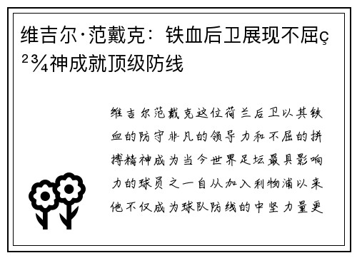 维吉尔·范戴克：铁血后卫展现不屈精神成就顶级防线